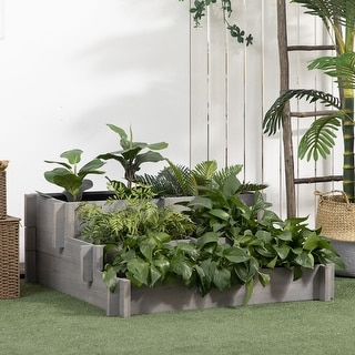 Outsunny 3-Tier Raised Garden Bed, Water Draining Fabric for Soil, Elevated Wood Flower Box for Vegetables