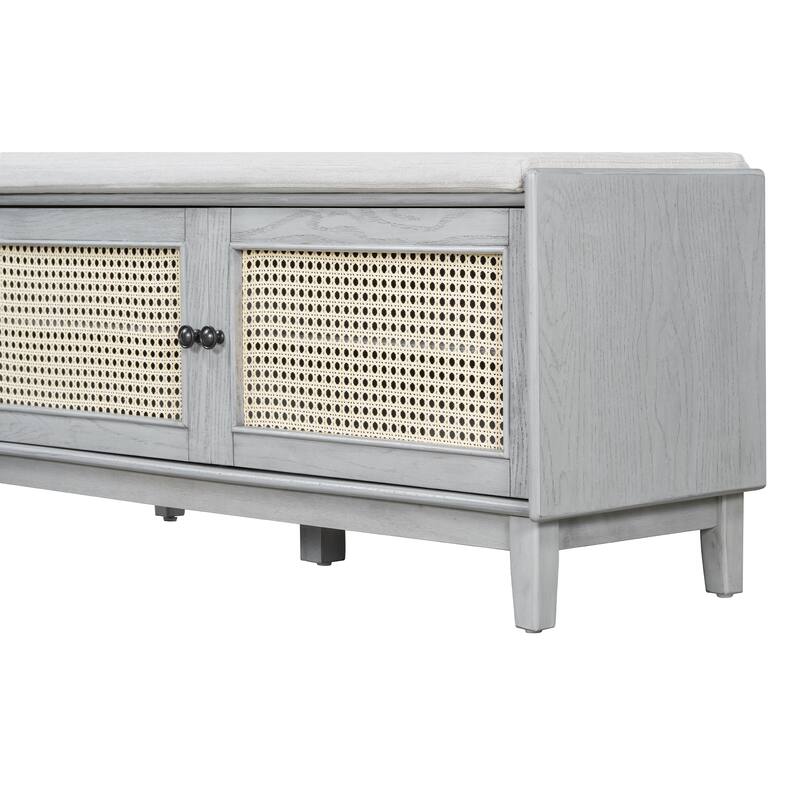 Rattan Entryway Bench Shoe Bench with Storage, Indoor Bench Beige Gray Wash Lounge Bench Ottoman Window Bench