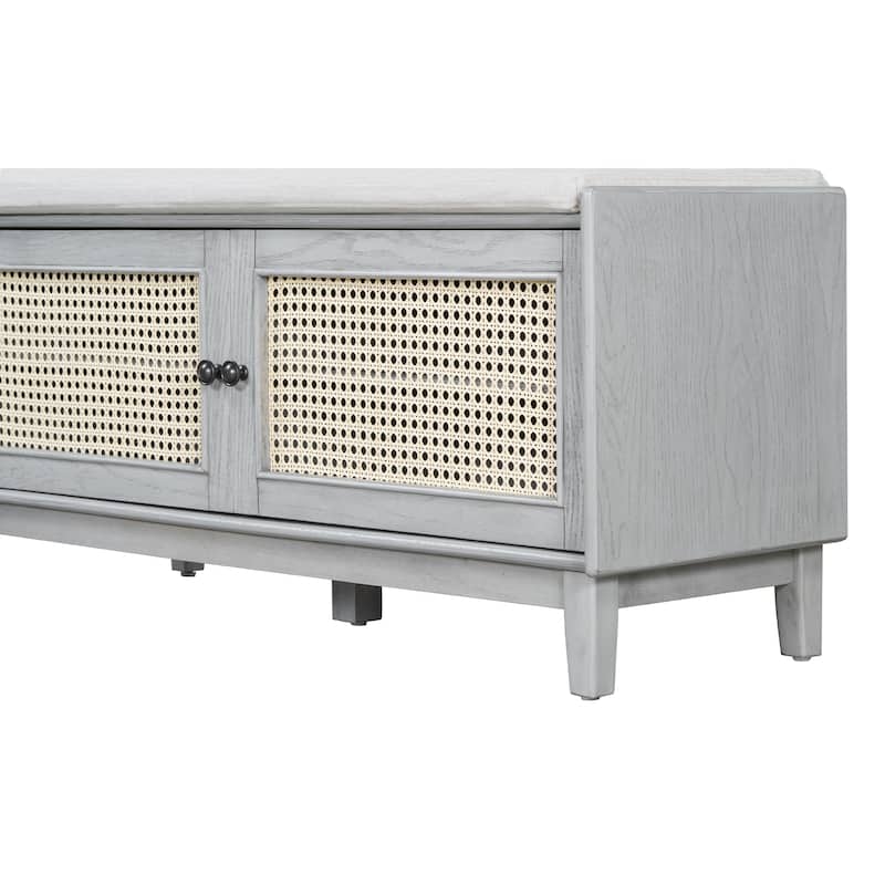 Rattan Entryway Bench with Storage, Cushioned Shoe Bench with Double Doors, Wooden Shoe Organizer Bench for Entryway