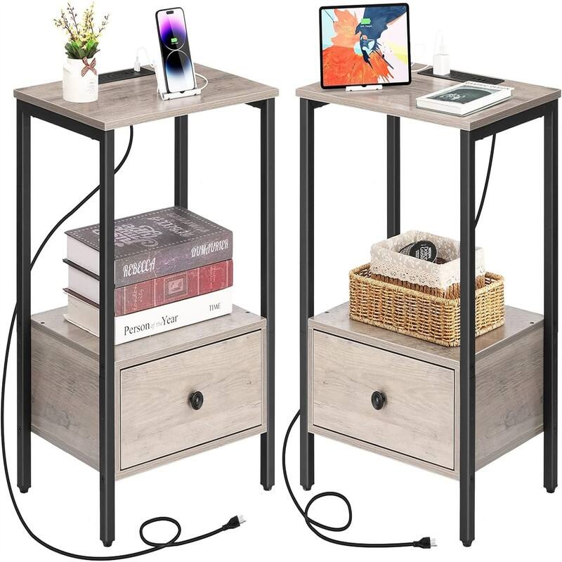 Side Table with Charging Station - 11.8"D x 15.7"W x 23.6"H - Light Oak