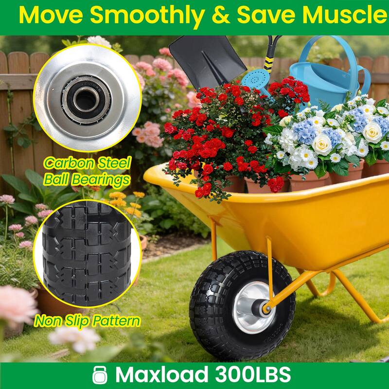 4 Solid Flat-Free Tire & Wheel, 5/8" Bearings, Heavy Duty for Wheelbarrows, Hand Trucks, Carts (Set of 4)