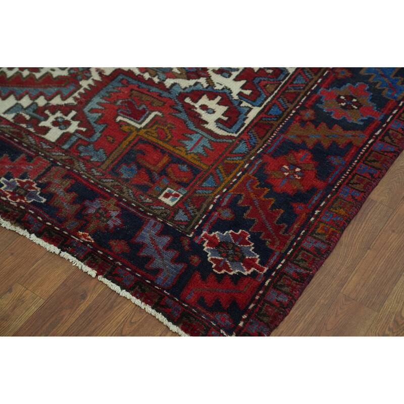 Heriz Persian Vintage Area Rug Hand-Knotted Red Wool Carpet - 7'4" x 10'9"