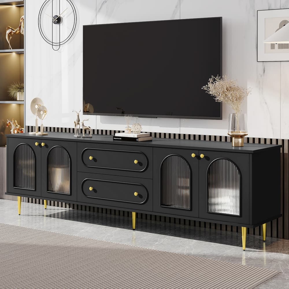 Modern Livingroom TV Stand TV Console Table with 2 Drawers and 2 Cabinets, Fluted Glass Doors TV Cabinet for Up to 80" TVs