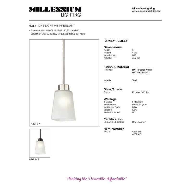 Millennium Lighting Coley 1 Light Pendant in Brushed Nickel with Frosted Glass Shades