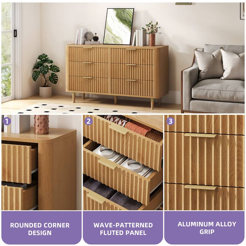 6 Drawer Wood Dresser with Wave Fluted Panel Storage Organizer for Bedroom