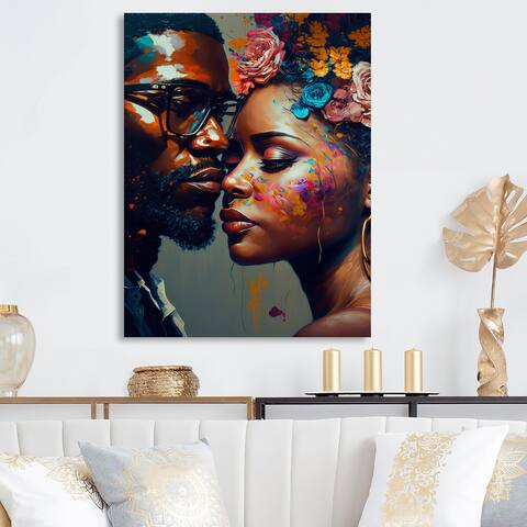 Designart 'Loving Couple Kissing Floral Design V' Traditional Canvas Wall Art