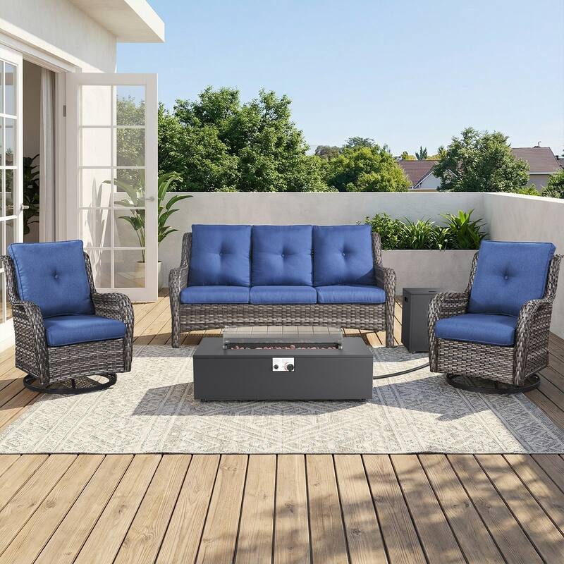 Pocassy Patio 5/7 Piece Sofa Swivel Chair Ottoman with Fire Pit Table - Gray Wicker Blue Cushion - 5-Piece Sofa Swivel Chair with Fire Pit Table
