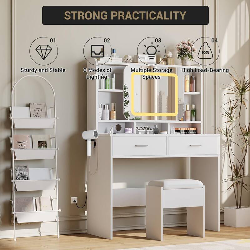 2 Drawer Vanity Desk Makeup Table with Charging Station, Storage Shelves