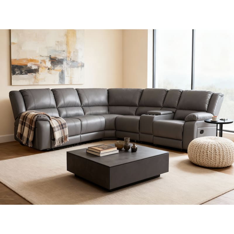 6PCS, 2 Manual Recliners, Faux Leather Reclining Sectional with Center Console - Grey