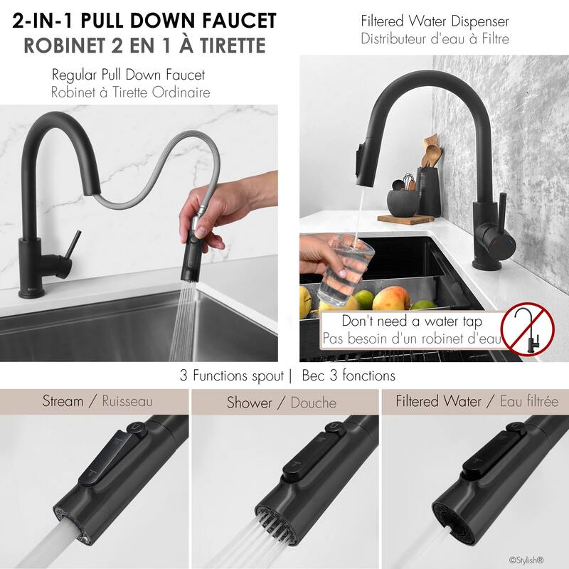 Modena Single Handle Brushed Gold Pull Down Kitchen Faucet with Reversible Osmosis