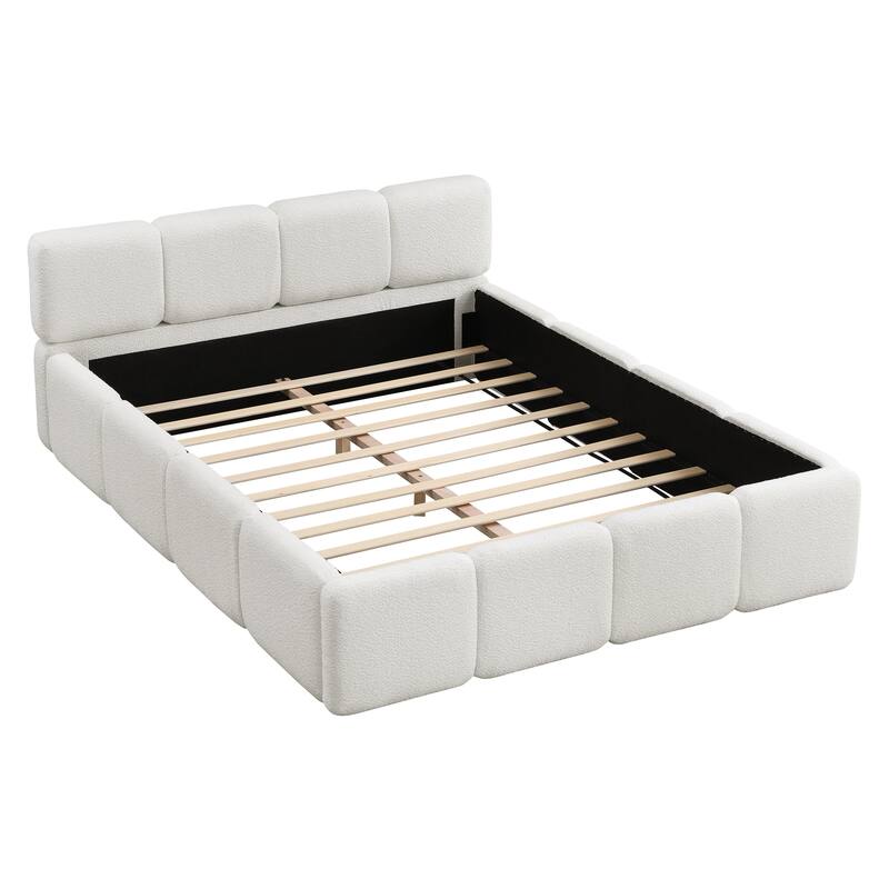 Embedded Platform Bed with Square Plush Upholstery Headboard White