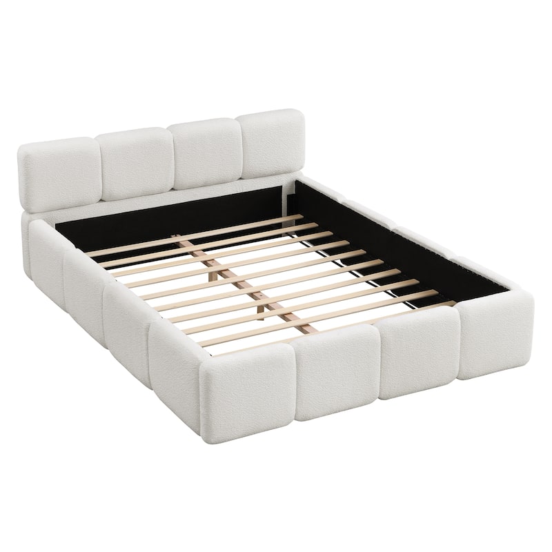 White Block Upholstered Frame Grounded Bed with Boucle Thick Headboard Footboard Platform Bed, Lowprofile Wingback Bed Floor Bed
