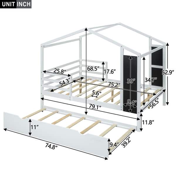 dimension image slide 1 of 3, Full Size Wood House Bed Frame with Trundle & Writing Board