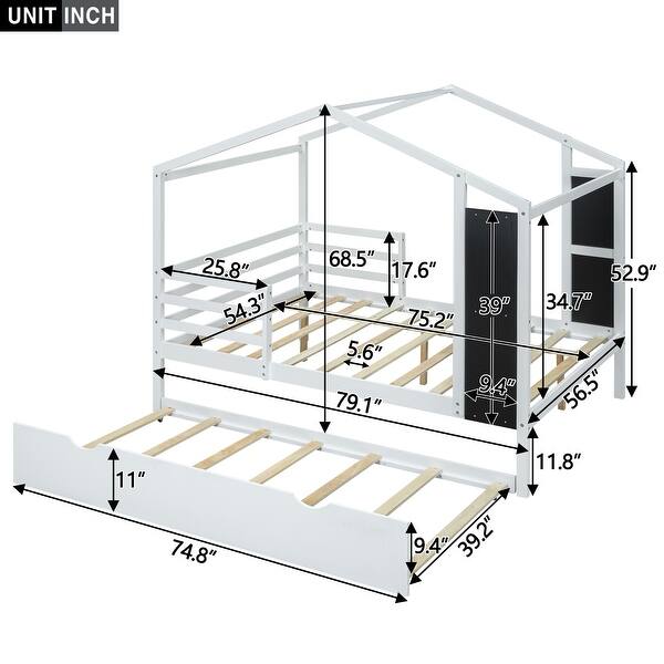 dimension image slide 1 of 3, Full Size Wood House Bed with Roof & Fence, Multifunction Daybed Frame w/ Writing Board & Trundle for Kids Teens Girls/Boys