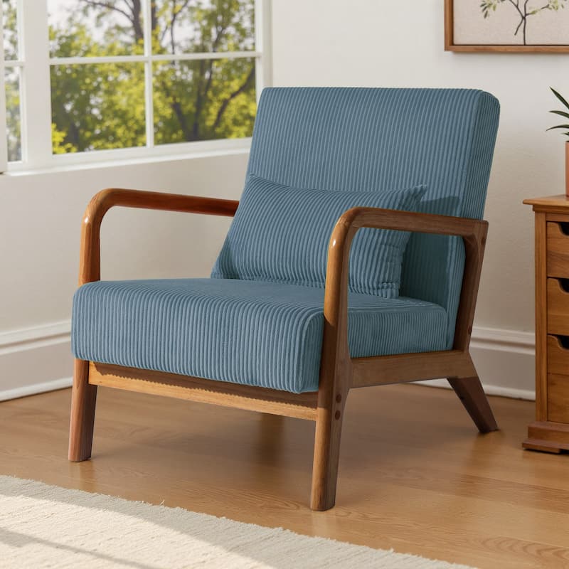 Mid-Century Upholstered Accent Chair with Wood Frame - Brown Frame - Blue