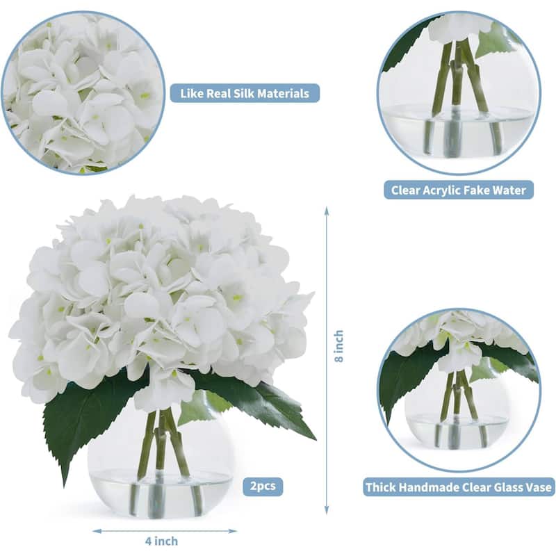 2 Pack Artificial Hydrangea Flowers in Glass Vase with Faux Water for Home Decor - 2 pcs