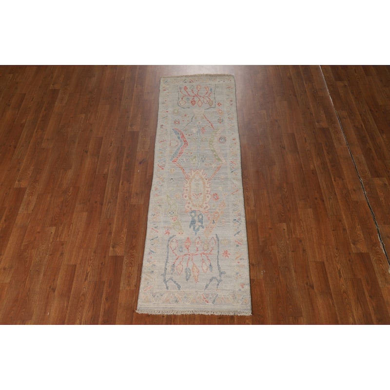 Hand Knotted Oriental 100% Wool Carpet Transitional All-Over Greys & Charcoal Oushak Runner Rug - 6' 4'' X 1' 10''
