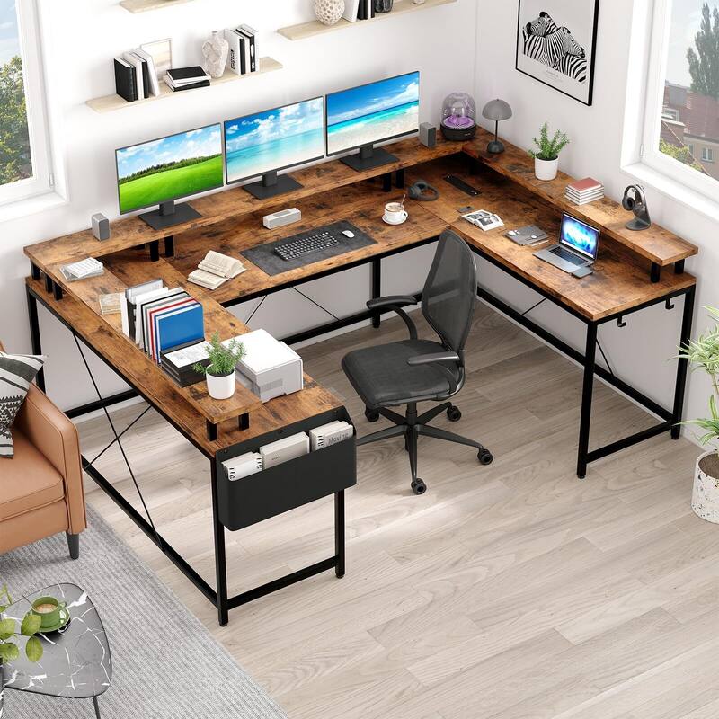 U Shaped Desk, 126 Inch Gaming Desk with Monitor Stand and LED Lights
