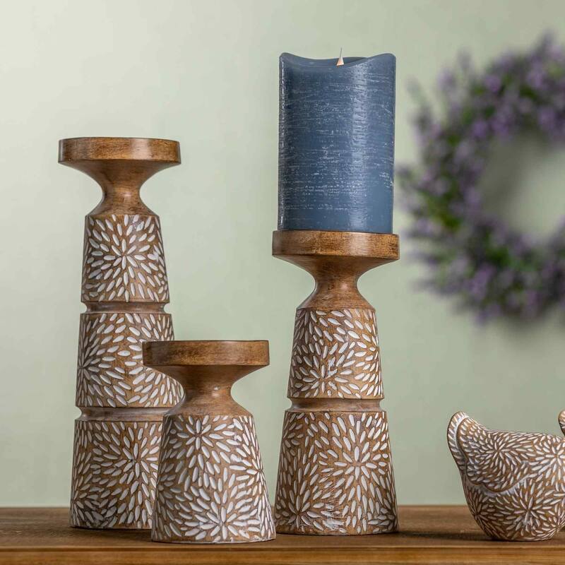 Etched Starburst Pillar Candle Holders 12.25" Brown and White Set of 3