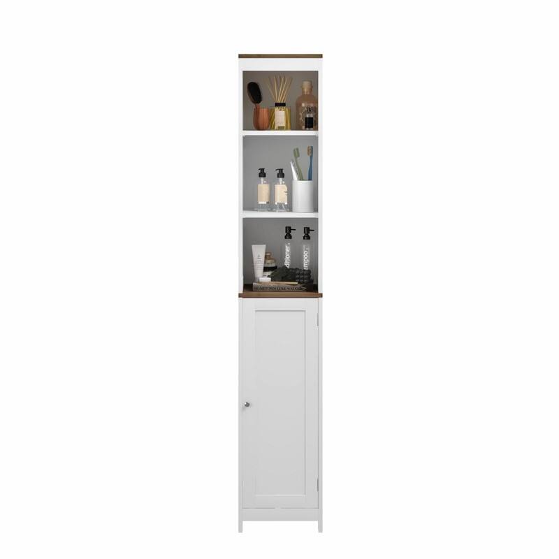 Tall Bathroom Storage Cabinet with Reversible Door, Freestanding Narrow Linen Tower with Open Shelves and Enclosed Cabinet
