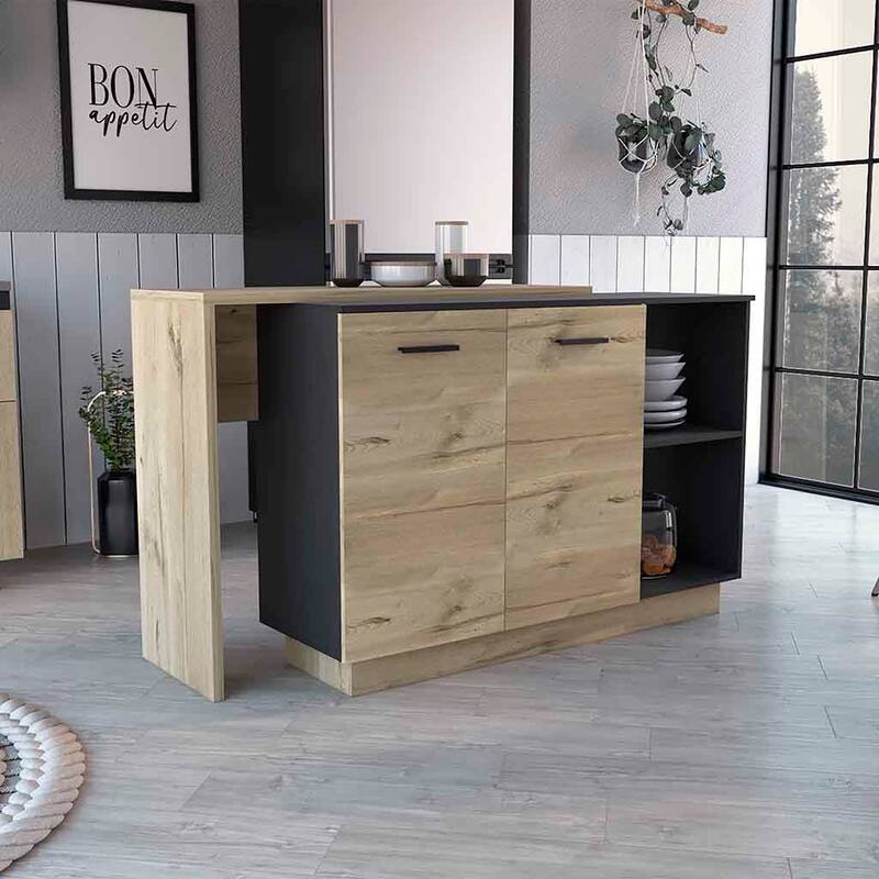 Stationary Rectangular Kitchen Island with Spacious Storage, Open Shelving & Elegant Modern Design - Black / Light Oak