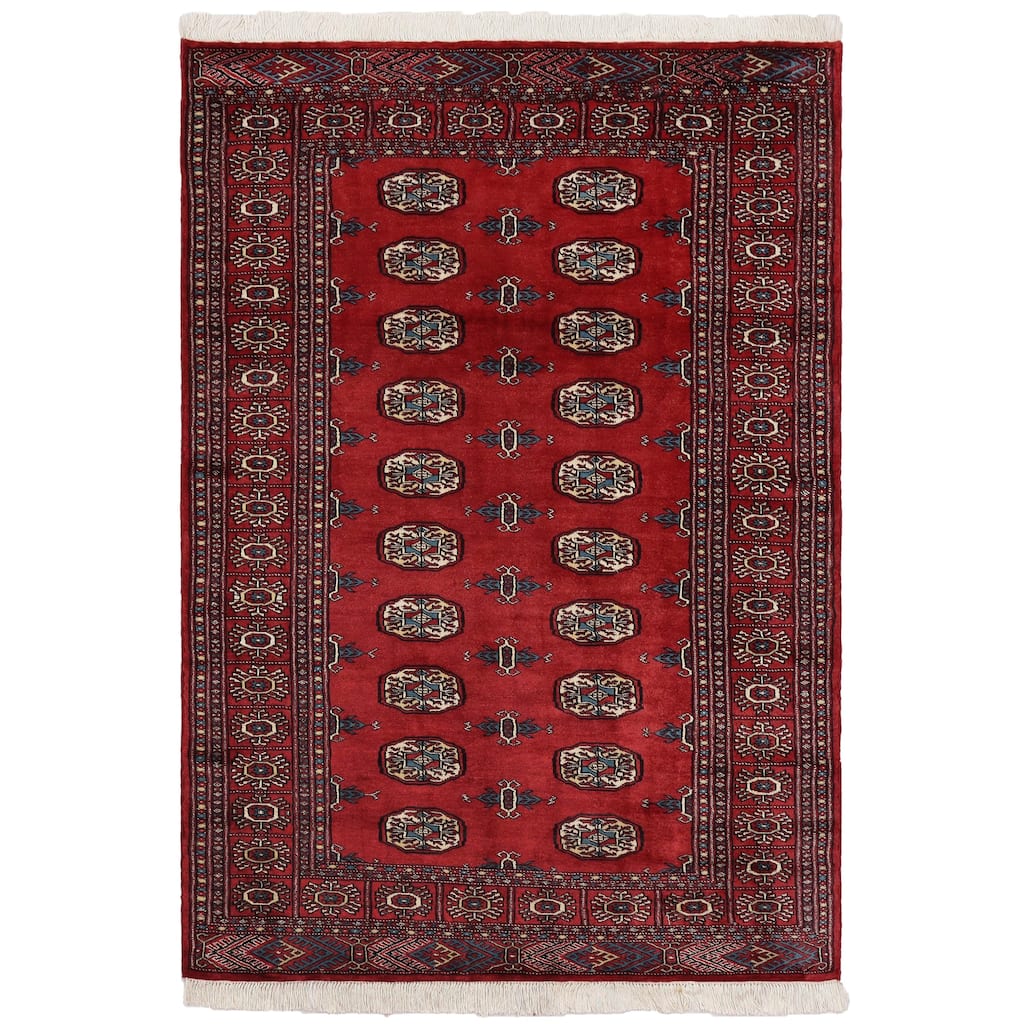 Tribal Bokhara Vaughn Red/Blue Hand Knotted Wool Rug - 4'1'' x 6'2''