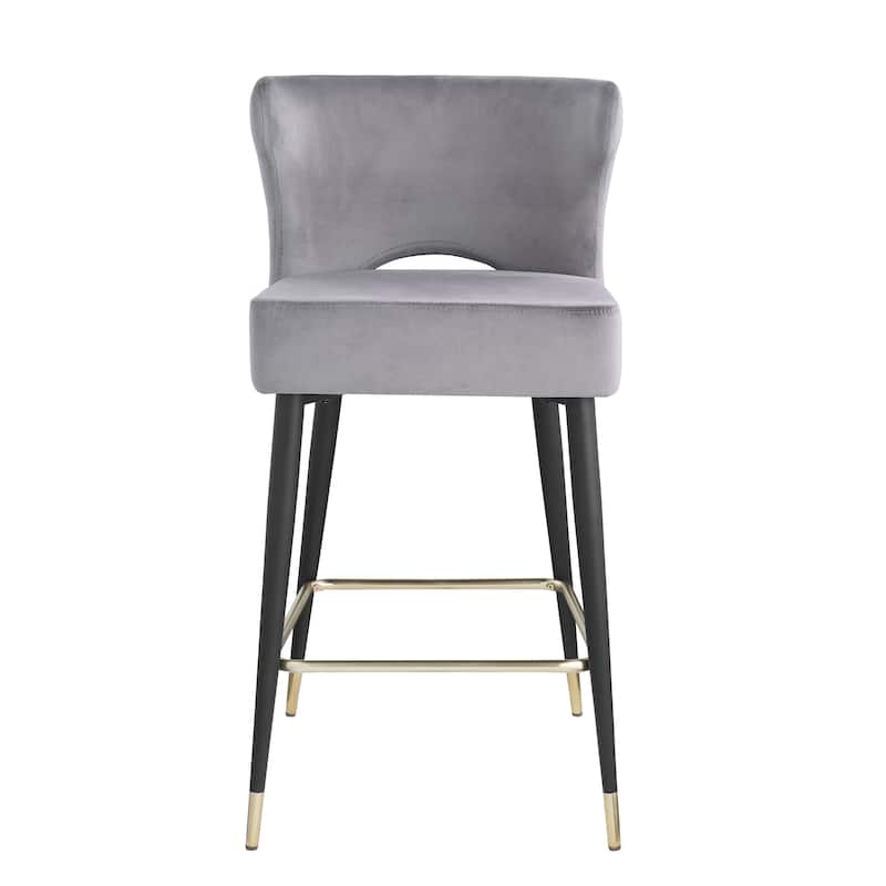 Contemporary Velvet Upholstered Counter Height Stool with Gold Tipped, Black Metal Legs, 22" W x 19" D x 38.5" H