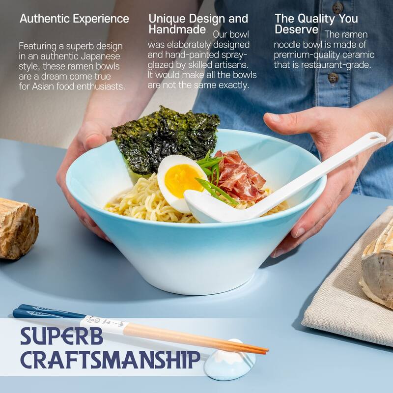 Ceramic Japanese Ramen Bowl Set, 60oz Large Ramen Bowls with Chopsticks, Spoons and Chopstick Rests Bowl