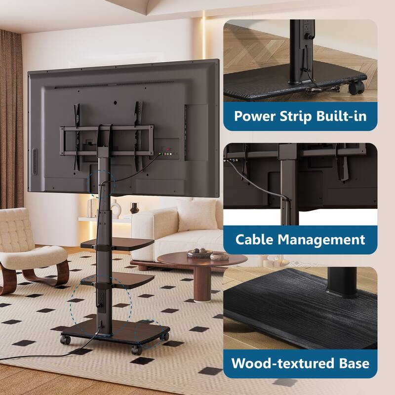 FITUEYES Rolling TV Stand for 32-70 Inch TVs with Power Strip, Height Adjustable with Wheels Wood Base Hold up to 88 lbs