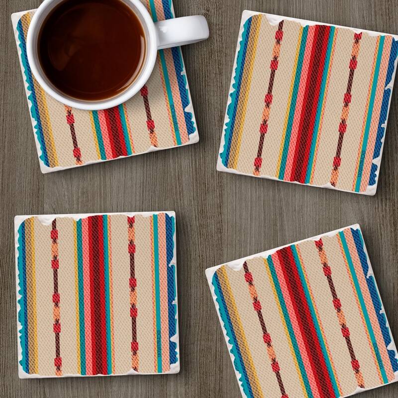 Southwest Multi-Stripe 4-Pack Absorbent Stone Coasters with Protective Cork Backing 4" Square Made in The USA Easily Wipes Clean