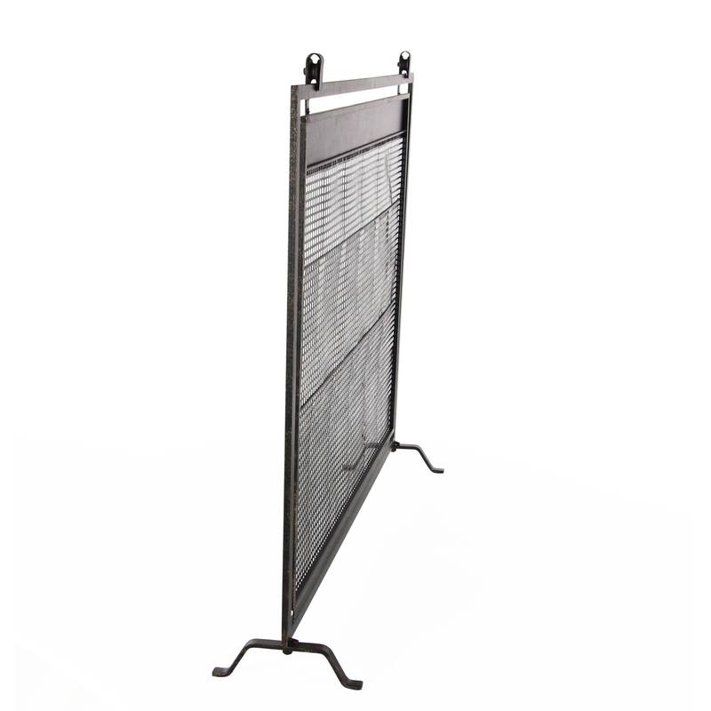 Black Metal Suspended Grid Single Panel Geometric Fireplace Screen with Bolted Detailing
