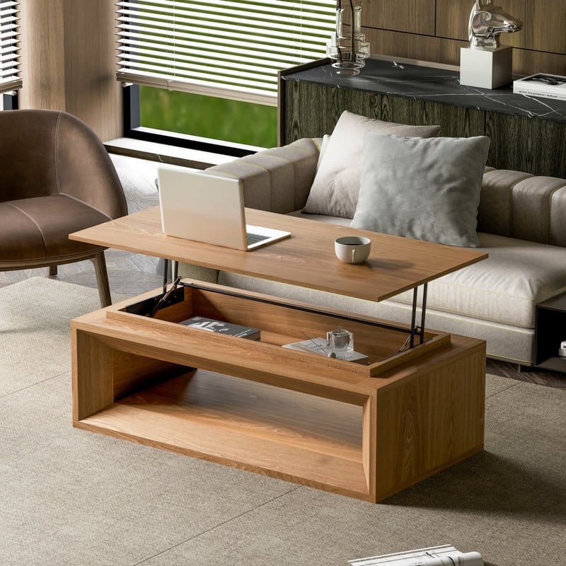 43.3" Lift-Top Coffee Table, Solid Wood Veneer Modern Accent Table with Storage and Adjustable Height