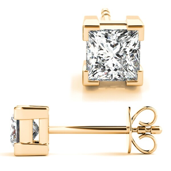 1.50CT Princess Cut Solitaire Brilliant Cut Earrings 14k Yellow Gold