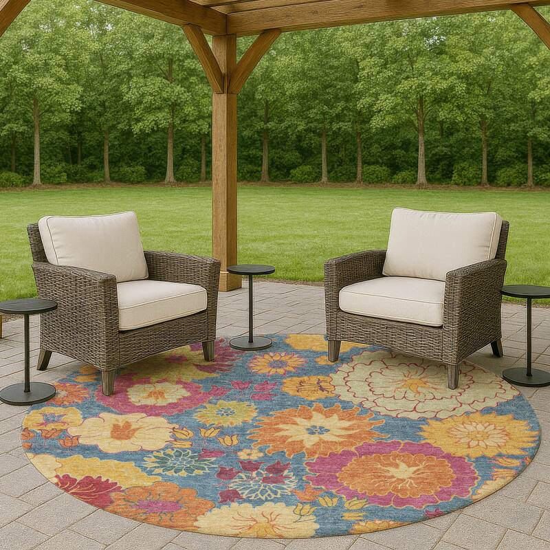 Machine Washable Indoor/ Outdoor Modern Floral Chantille Rug - Blue - 8' x 8'