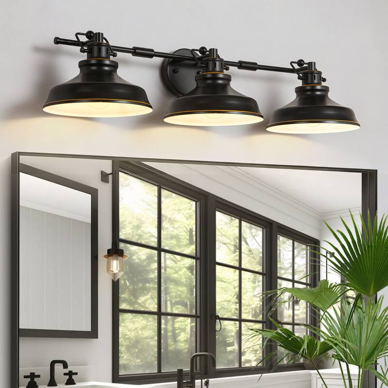 3-Light Retro-Luxury Wall Light with White Inner & Gold-Trimmed Shades for Living Room - 3 Light - 3 Light - Black