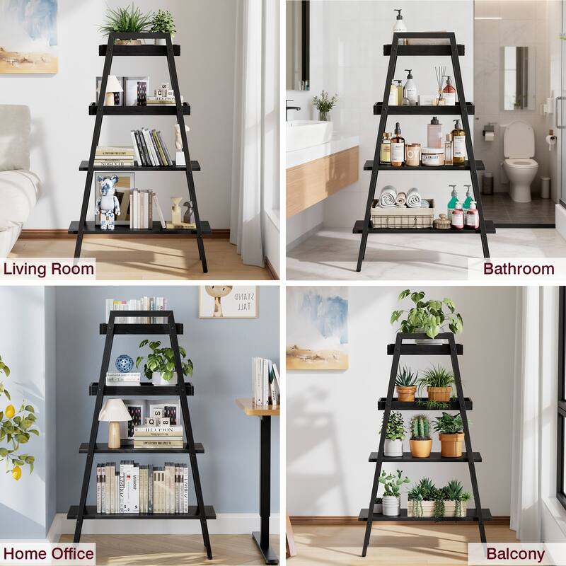 VECELO Modern 4-Tier Corner Ladder Bookshelf Metal & Waterproof MDF Shelves for Living Room Kitchen & Bathroom Corner Bookcase