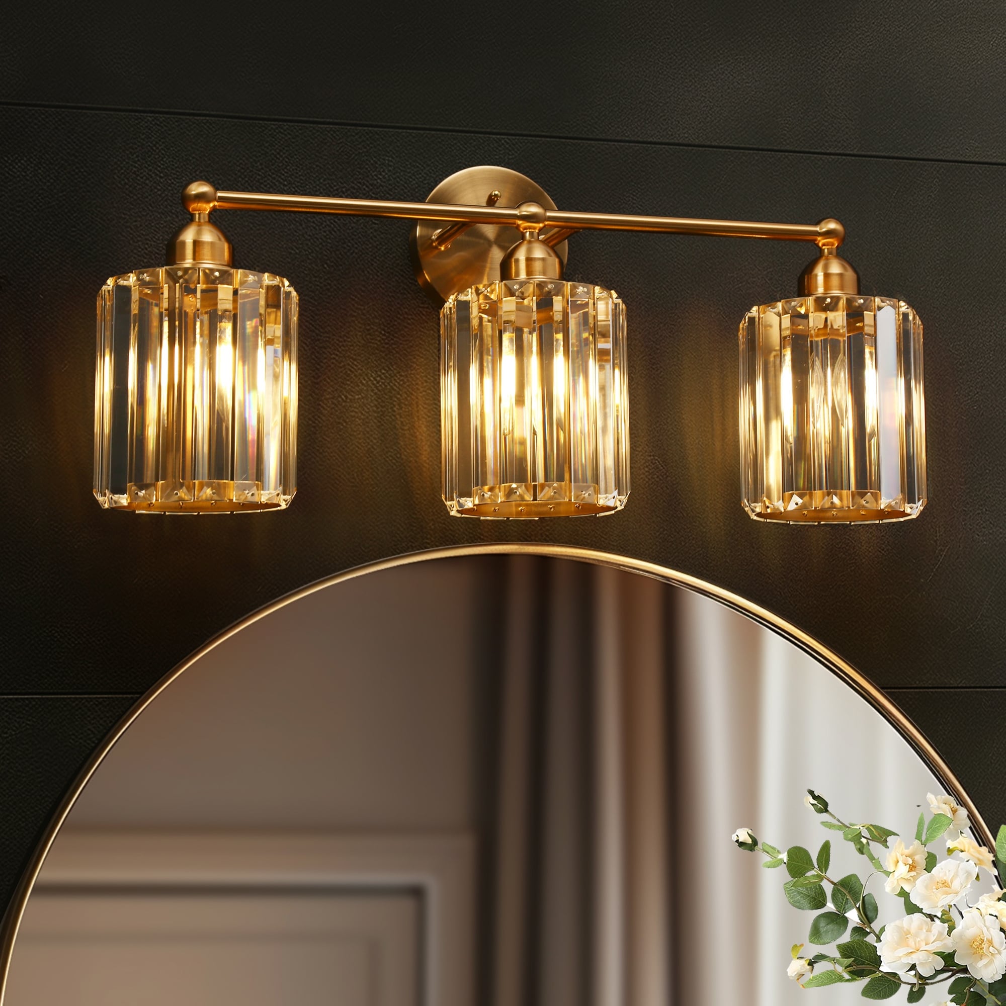Modern Brass Crystal 3-Light Linear Bathroom Vanity Lights Dimmable Wall Sconce