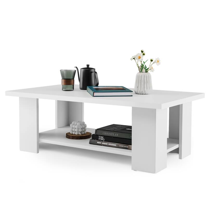 36inch Wood Coffee Table w Storage Shelf 2 Tier Large Modern Tea Table - White