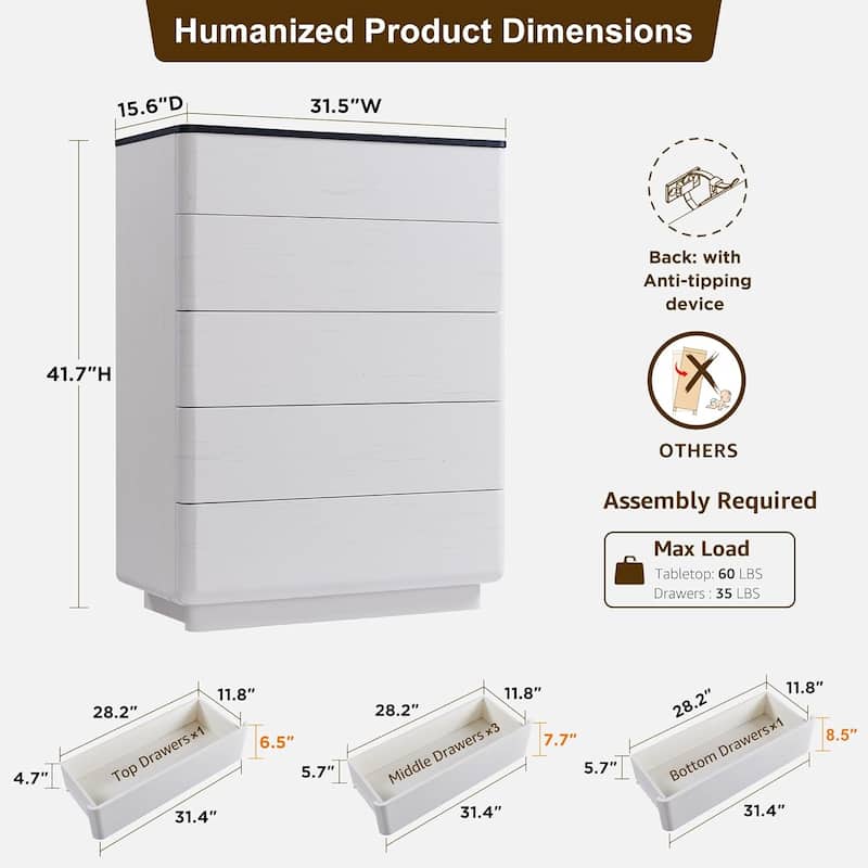 Modern 5 Drawer Dresser for Bedroom, Handle-less Wooden Dressers