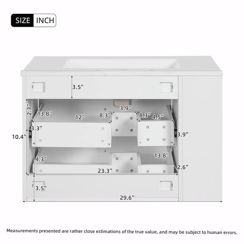 30" Wall Mounted Bathroom Vanity - Floating Storage Cabinet with 2 Drawers and 3-Hole Single Ceramic Sink
