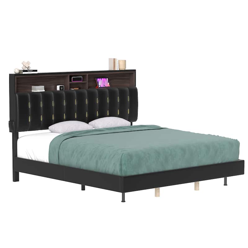 Moasis King Black Floating Bed Frame Upholstered Platform Bed with RGB LED Lighting