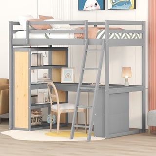 Wooden Twin Size Loft Bed Frame with L-shaped Desk, Multi-layer Shelves, Drawers, Oleophobic Board, Ladder, Guardrails