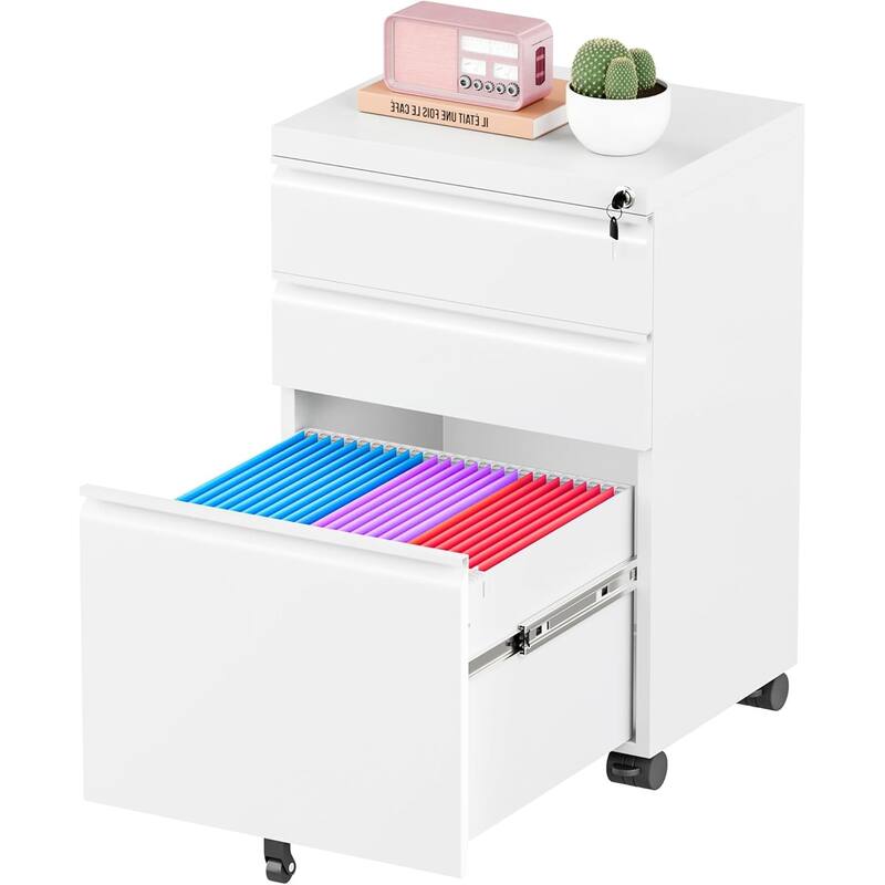 3 Drawer Metal File Cabinet, Mobile or Vertical Office Filling Cabinet - White with Wheels
