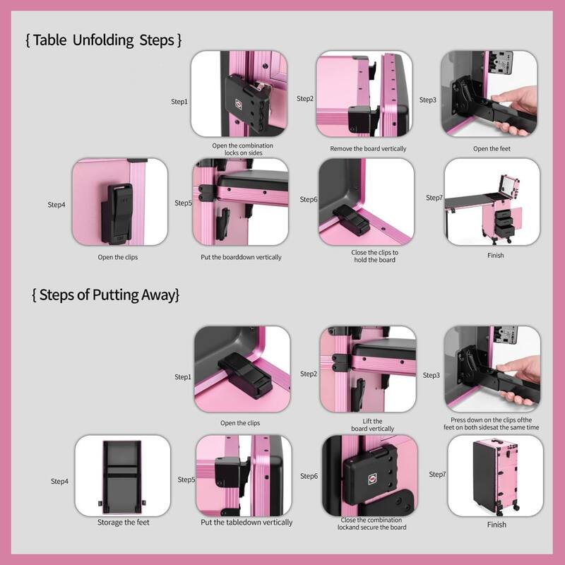 Portable Nail Art Table w/ LED Mirror, Bluetooth, Lockable Drawers, Telescopic Pole - Folding Manicure Station for Salons