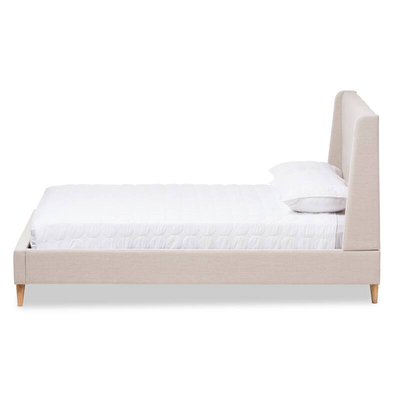 King Size Platform Bed with Winged Headboard - Upholstered Fabric Bed Frame - Beige Bedroom Furniture