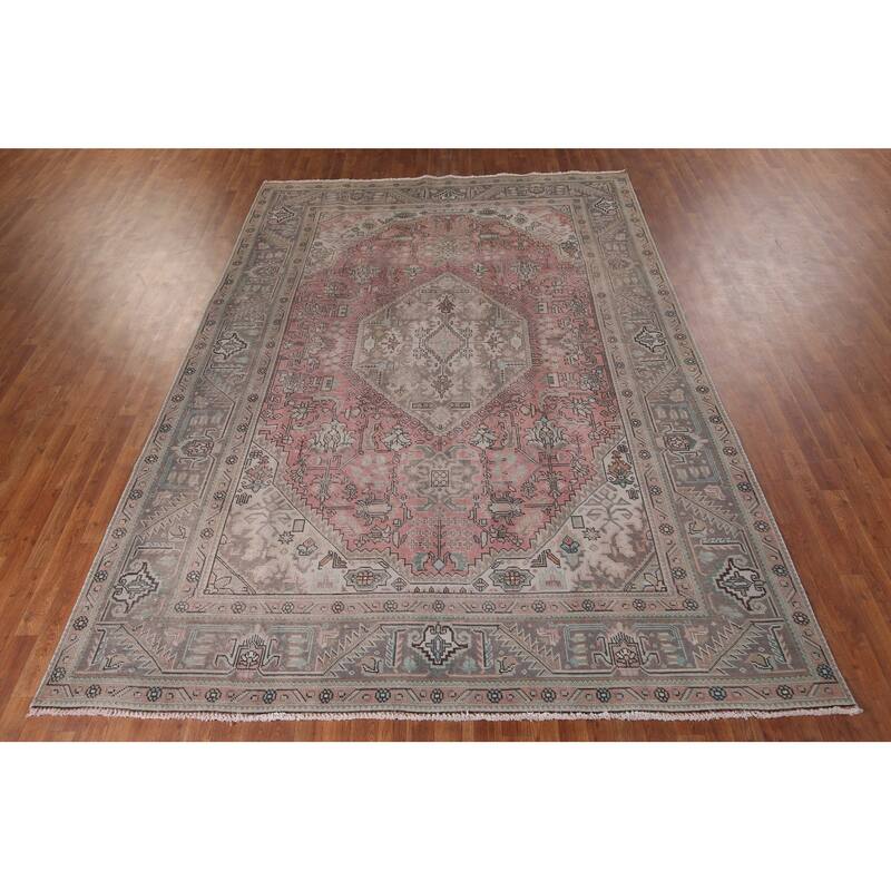 Pink Distressed Tabriz Vintage Persian Rug Hand-Knotted Wool Carpet - 8'0" x 10'11"