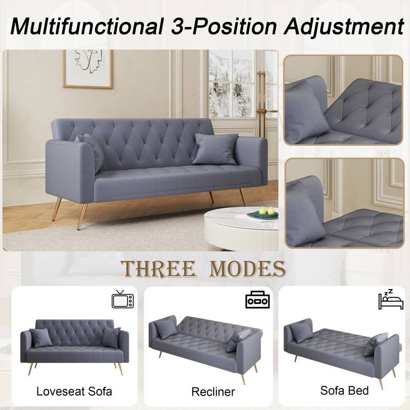 71" Velvet Green Gray Double Sofa Bed