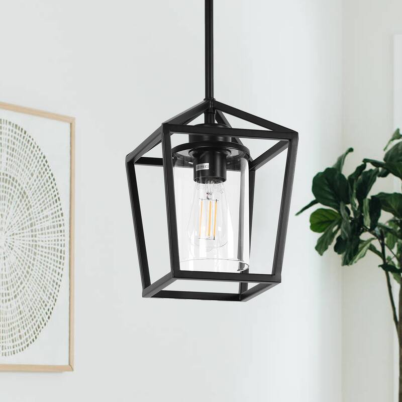Matte Black Farmhouse Cage Pendant Light with Clear Glass Shade, Adjustable Height - 7.09 in.