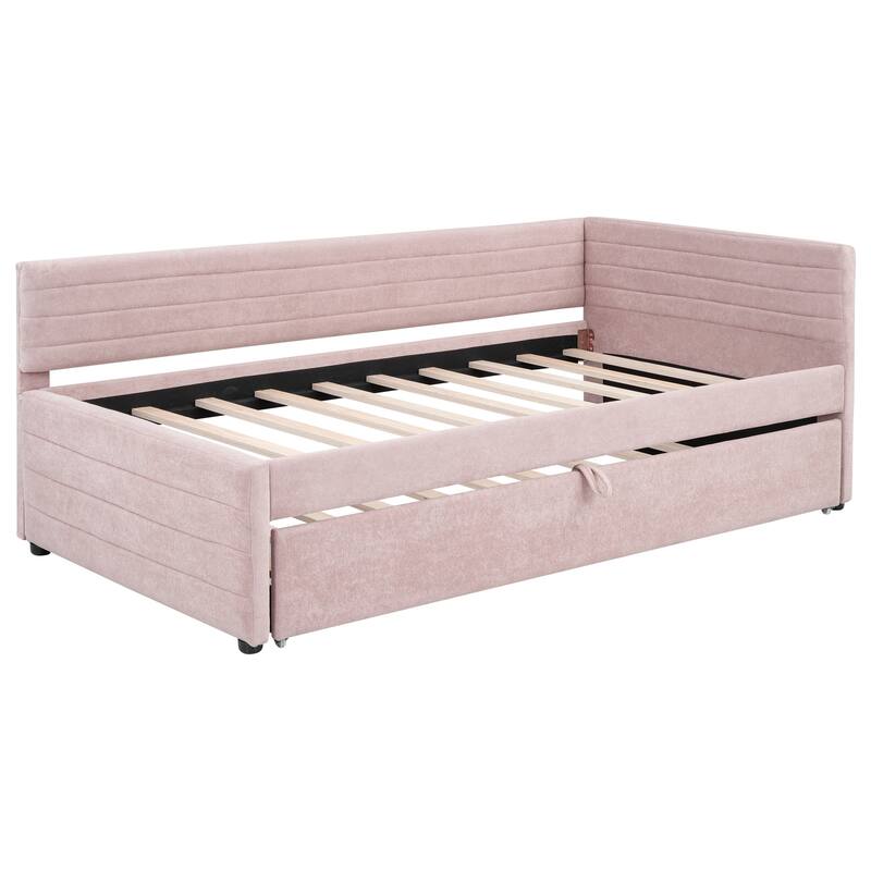 Twin Size Upholstered Daybed with Roll-Out Trundle, Space-Saving Wooden Frame, No Box Spring Needed