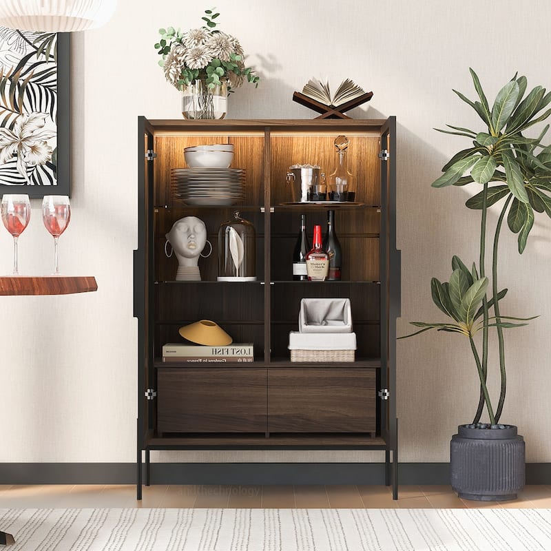 Tempered Glass Door Cabinet With Metal Legs - Brown